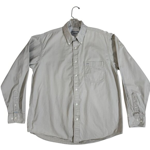 Izod Beige Summer Twill Button-Down Long Sleeve Shirt Front Pocket M - Picture 2 of 12
